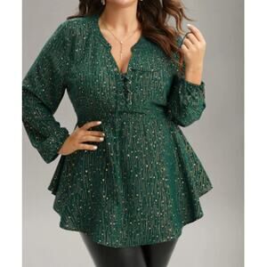BLOOMCHIC 18-20 2X Plus Green Glitter Sleeve Elastic Waist Lace Up Blouse b50